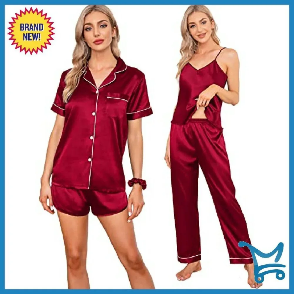 Silk Satin Pajama Set 7pc Sleepwear Cami Shorts Button Down Lounge